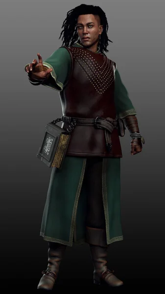 Fantasy Male Poc Mage Medieval Tunic Magic Book Dreads — 스톡 사진