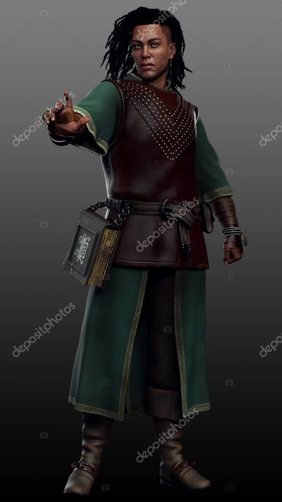 Fantasy Maschio Poc Mago Tunica Medievale Con Libro Magico Fili