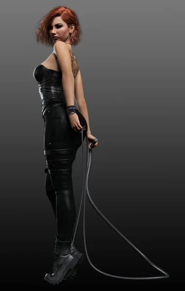 Fantasy Woman in Black Leather with Scarred Face and Bullwhip