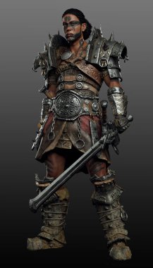 Fantezi Barbar Savaşçı ya da Savaşçı, Zırhlı ve Kılıçlı POC Erkek