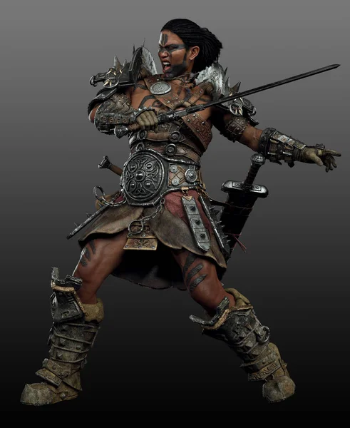 Fantasy Barbarian Fighter or Warrior, POC Male with Armor and Sword