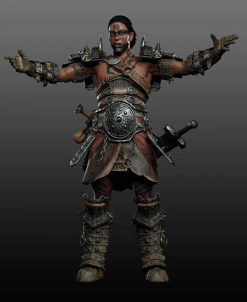 Fantasy Barbarian Fighter or Warrior, POC Male with Armor and Sword