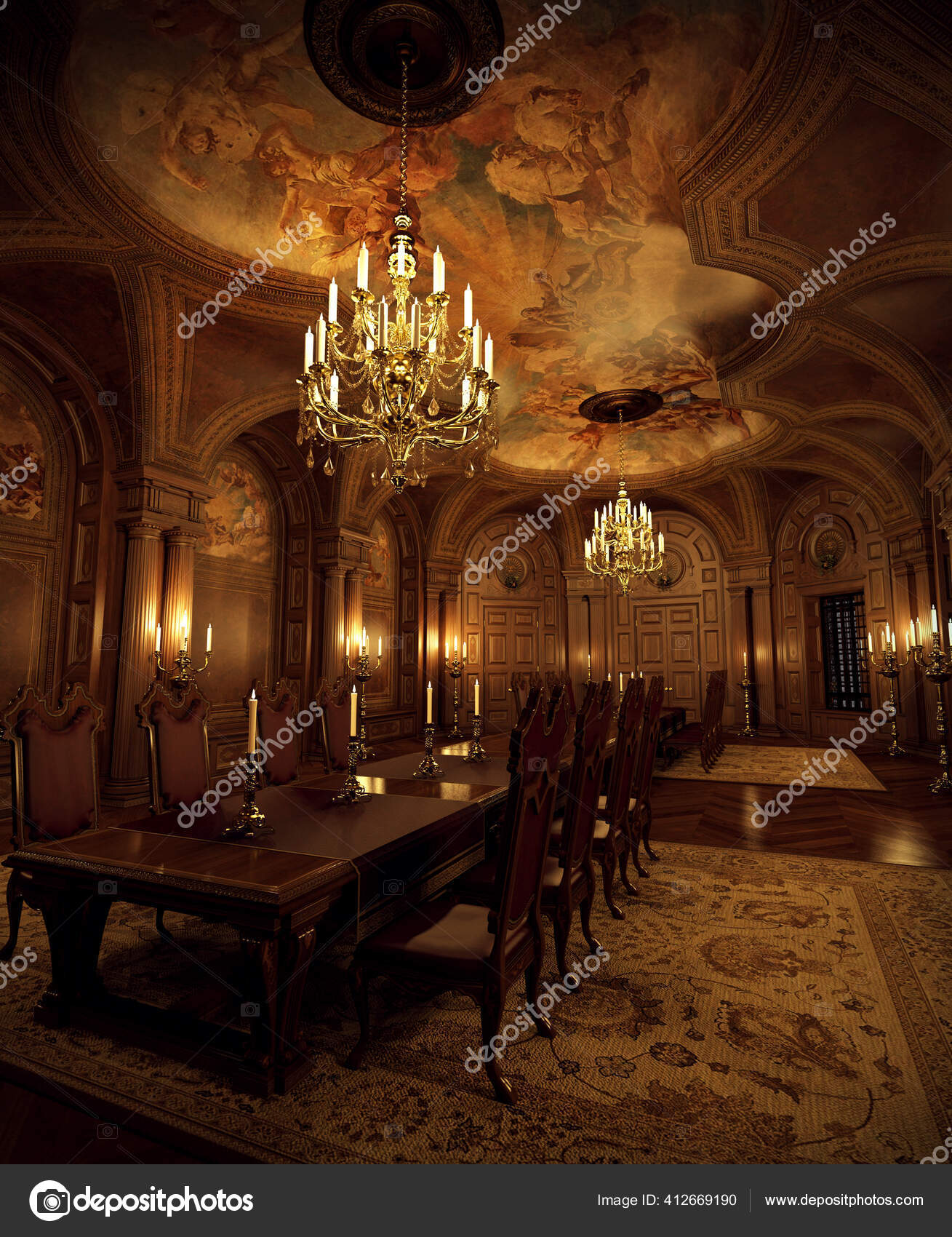 Gold baroque medieval fantasy dining hall stock photo ravven 412669190