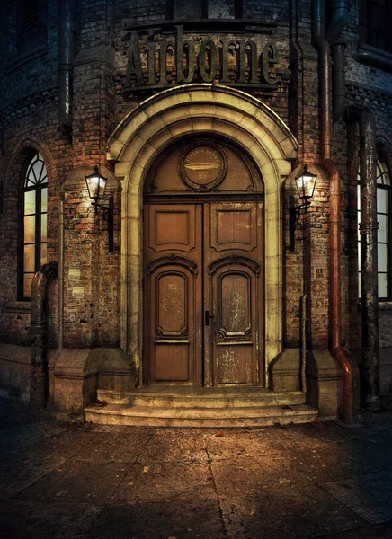 Fantasy Steampunk City Night Arched Doorway — Stock Photo, Image