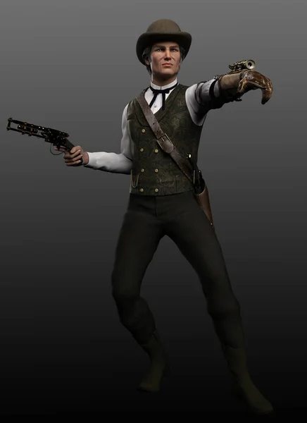 Steampunk Western Man Con Pistola Usando Sombrero Jugador Bolos — Foto de Stock