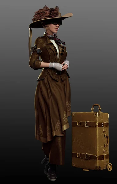 Steampunk Victorienne Femme Explorateur Voyageur — Photo