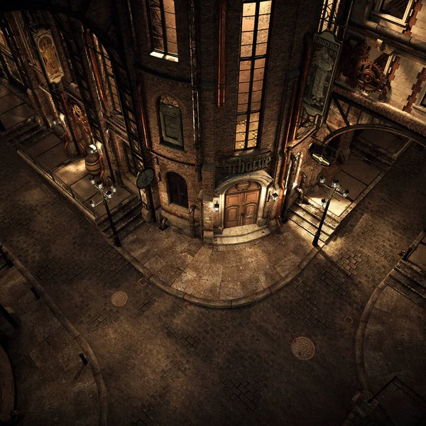 Steampunk Victorian City Street Night Aerial View — стокове фото