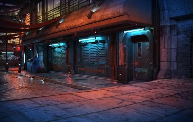 Cyberpunk Bilim Kurgu Şehrinin Geceleri Sokakları