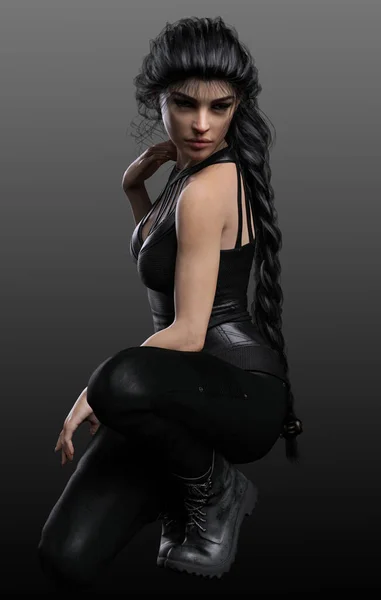 Urban Fantasy Kneeling Woman Black Leather — Stock Photo, Image