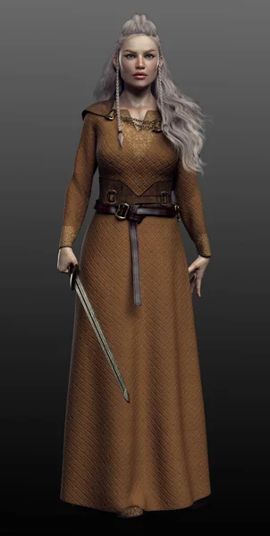 ファンタジーバイキングまたはドレスの剣を持つ北欧の女性戦士 — ストック写真