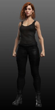 Deri Giyen Şehir Fantezi Kadın Büyücüsü ve Eylem Pozu Veren Denim