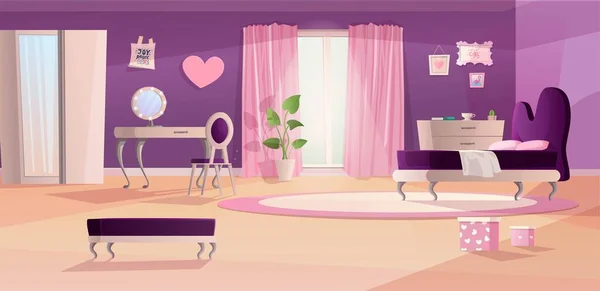 Quarto menina interior em cores rosa e violeta . — Vetor de Stock