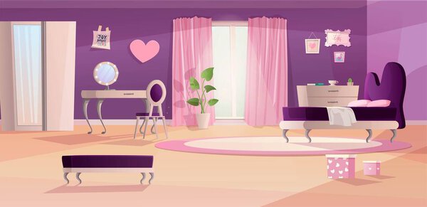 Girl room interior in pink and violet colors.