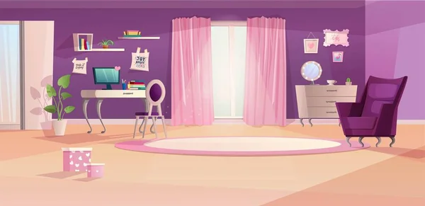 Girl room interior in pink and violet colors. — Stock Vector