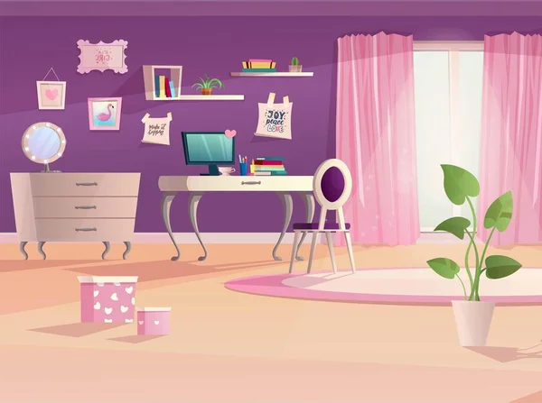 Girl room interior in pink and violet colors. — Stock Vector