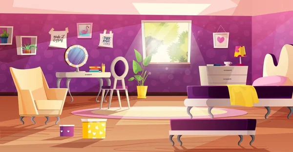 Girl room interior in pink and violet colors. — Stock Vector