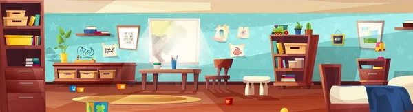 Chambre d'enfants mignon intérieur confortable avec meubles, lit, plante dans un endroit, la lumière du soleil de la fenêtre et des jouets. — Image vectorielle