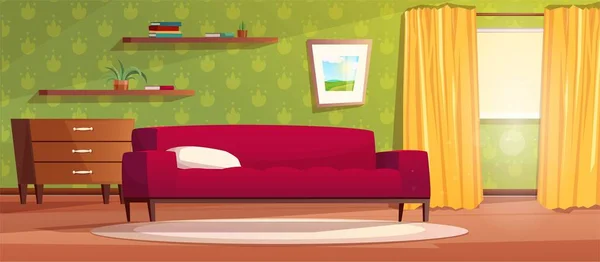 Aconchegante sala de estar interior em estilo cartoon. Sofá vermelho, cômoda, janela com luz brilhante e cortinas amarelas, carpete, prateleiras e um quadro na parede. Ilustração vetorial para jogo . —  Vetores de Stock