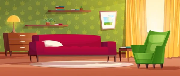 Aconchegante sala de estar interior em estilo cartoon. Sofá vermelho, cômoda, janela com luz brilhante e cortinas amarelas, carpete, prateleiras e um quadro na parede. Ilustração vetorial para jogo . —  Vetores de Stock