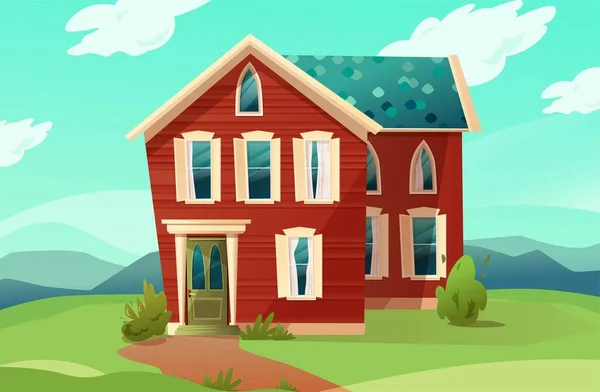 Edifício estilo retro vitoriano. Desenhos animados ilustração de uma casa de apartamento na paisagem da natureza. Vetor. — Vetor de Stock