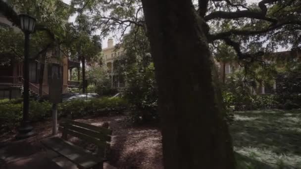 Den Historiska Stadsdelen Från Savannah Med Live Oaks Omfattas Spansk — Stockvideo