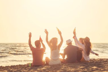 Bir grup arkadaş sahilde eğleniyor.