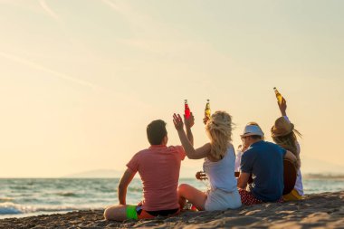 Bir grup arkadaş sahilde eğleniyor.