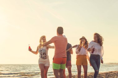 Bir grup arkadaş sahilde eğleniyor.