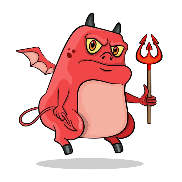 Ilustração Vetorial Diabo Vermelho Gordo Com Uma Forquilha Desenho Animado — Vetor de Stock