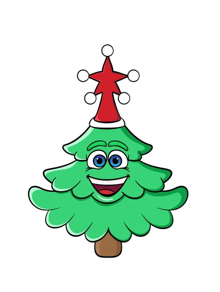 Árbol Dibujos Animados Navidad Sonriendo Una Gorra Año Nuevo Cabeza — Vector de stock