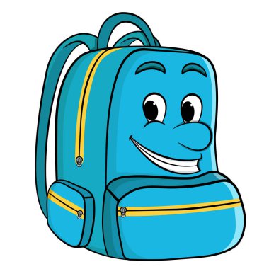 Bir yüzü ile mavi Karikatür okul sırt çantası. Okula geri dön. beyaz arka plan üzerinde vektör