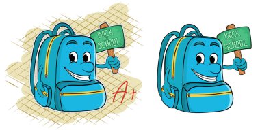 Çizgi film okulunun sırt çantası, okula geri döndüğünü söyleyen bir tabela. vektör illüstrasyon