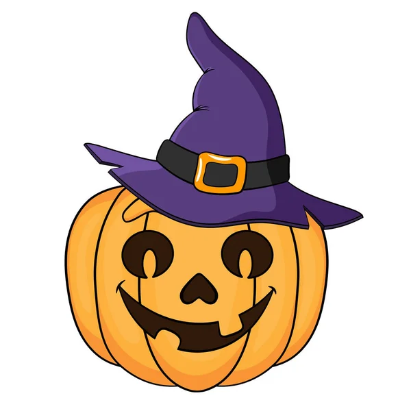 Calabaza Dibujos Animados Con Una Cara Sombrero Bruja Morado Sobre — Vector de stock