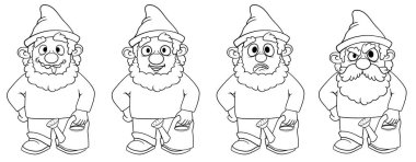 Dört karakterli çizgi film cüceleriyle boyama kitabı. Beyaz bir arka planda izole edilmiş. Stok illüstrasyonu