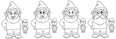 Fenerli çizgi film cücelerinin olduğu boyama kitabı dört karakterden oluşur. Beyaz bir arka planda izole edilmiş. Stok illüstrasyonu