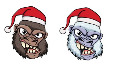 Goril ya da Yeti 'nin başı Noel şapkası takıyor. Beyaz bir arka planda izole edilmiş. hisse illüstrasyonu