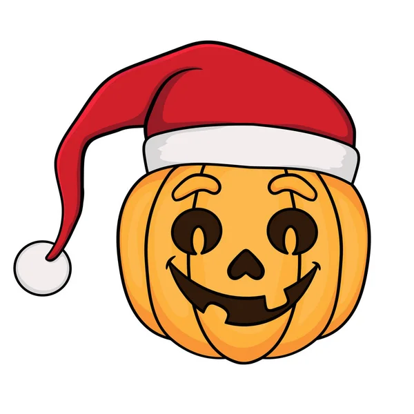 Kürbis Mit Einem Gesicht Einem Weihnachtsmütze Lächelnd Isoliert Auf Weißem — Stockvektor