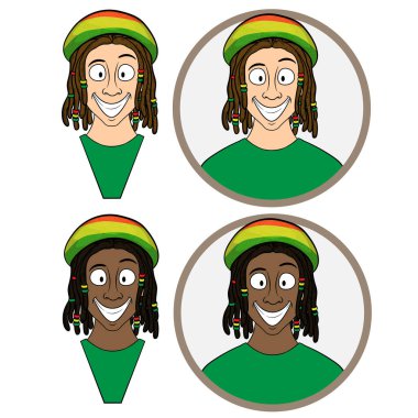 Rasta şapkası ve rasta şapkası olan gülümseyen bir çizgi film adamı büstü. Beyaz arkaplanda izole edilmiş vektör. Bir logo kadar uygun 