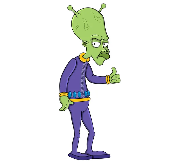 Cartoon Groen Alien Tonen Duim Omhoog Met Ontevreden Emotie Geïsoleerd — Stockvector