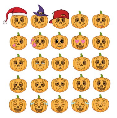 Duyguları olan cadılar bayramı balkabakları çizgi filmi. Beyaz arka planda izole edilmiş emoji. 25 parça vektör stok çizimi