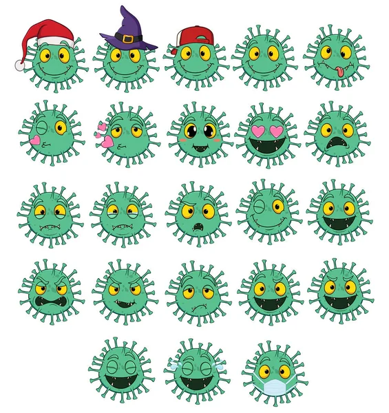 Cartoon Coronavirus Covid Mit Einem Großen Satz Von Emotionen Isolierte — Stockvektor