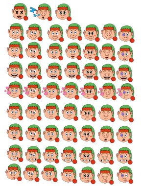Noel Baba 'nın Noel Baba Elfleri' nin farklı duyguları var. Beyaz arka planda geniş bir izole edilmiş emoji seti. Vektör stok çizimleri. Bölüm 1