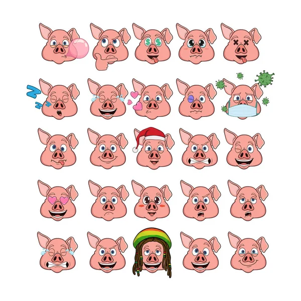 Γουρούνια Καρτούν Διαφορετικά Συναισθήματα Μεγάλο Σύνολο Απομονωμένων Emoticons Λευκό Φόντο — Διανυσματικό Αρχείο