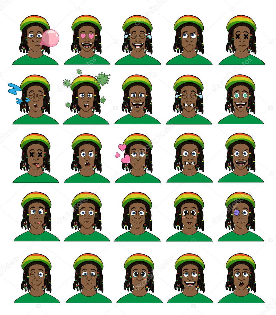  cartoony rastaman with different emotions. large set of isolated emoticons on a white background. vector stock illustrations