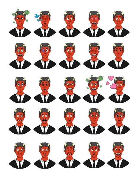 Desenho Animado Satanás Com Emoções Diferentes Grande Conjunto Emoji Isolado — Vetor de Stock