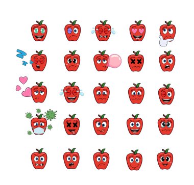 Farklı duyguları olan kırmızı elmalı bir çizgi film. Beyaz arka planda geniş bir izole edilmiş emoji seti. vektör stoku çizimleri