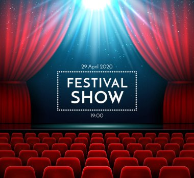 Opera sahne iç kırmızı perde, spot ve tiyatro sandalye ile göster. Tiyatro afişi festival gecenin gösterir. Vektör zemin