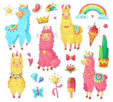 Funny mexican smiling alpaca with fluffy wool and cute rainbow llama unicorn. Magic pets cartoon illustration set clipart