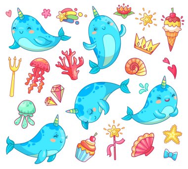 Deniz kawaii bebek unicorn boynuzlu balina. Yüzme mavi komik anime balina vektör karikatür clipart