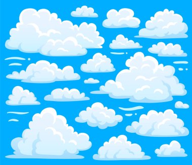 White cloud symbol for cloudscape background. Cartoon clouds symbols set for cloudy sky climate illustration vector clipart